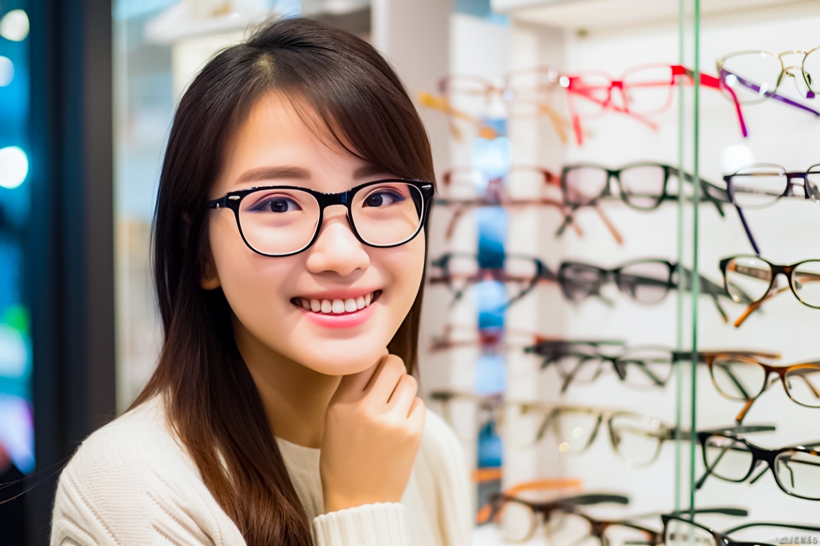 Young woman smiling while trying on glasses at optical display
