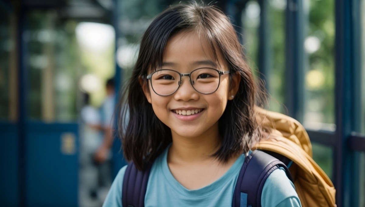 Young girl with glasses and backpack smiling